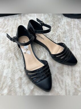 whitem t. Black Croc-Effect Pointed D'Orsay Flats with Ankle Strap
